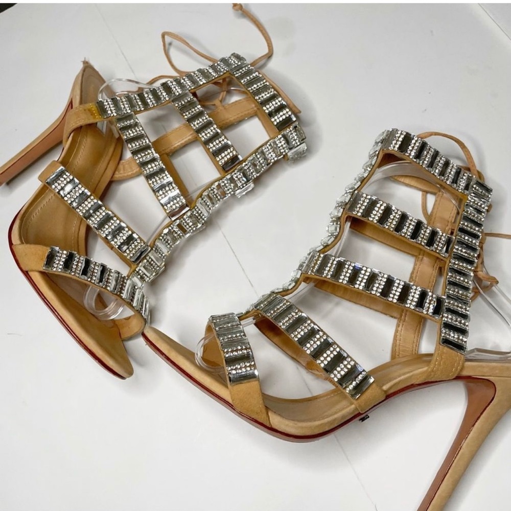 SCHUTZ Suede Paloma Wrap Heels, Color: Oyster, 40 EU/9 US Embellished St… - Picture 7 of 12